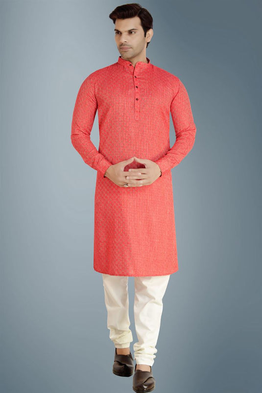 Lovely Red Color Cotton Fabric Sangeet Wear Readymade Kurta Pyjama For Men