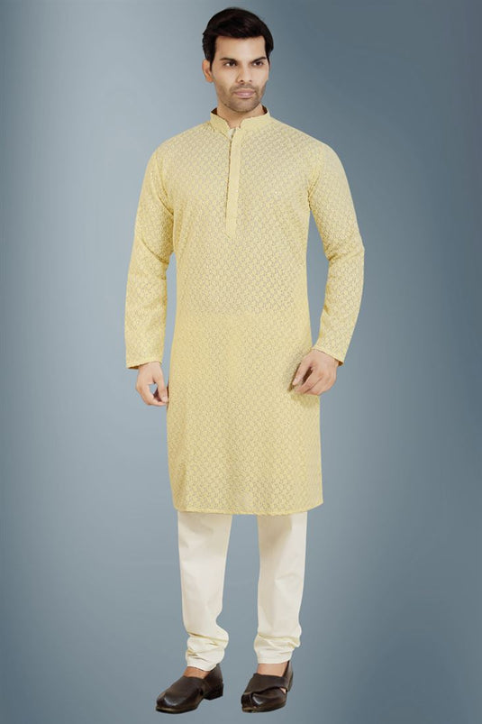 Gorgeous Yellow Color Georgette Fabric Function Wear Readymade Kurta Pyjama For Men