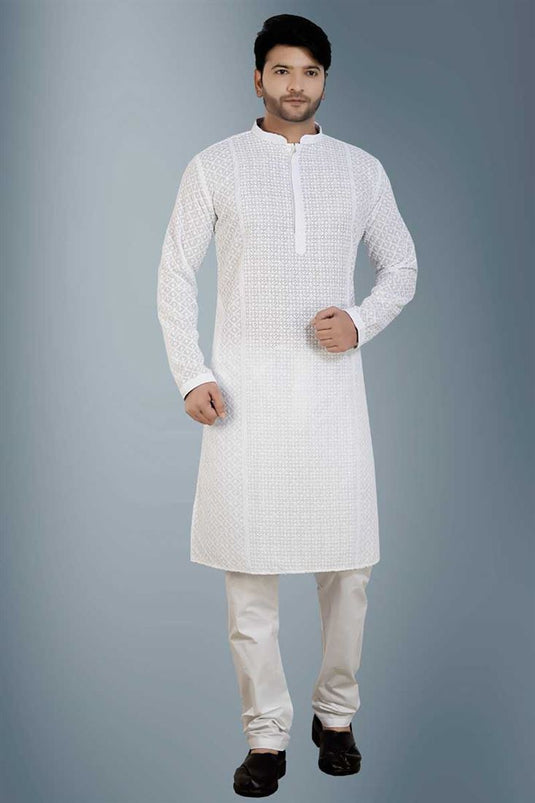 White Color Festive Look Kurta Pyjama In Charming Cotton Fabric