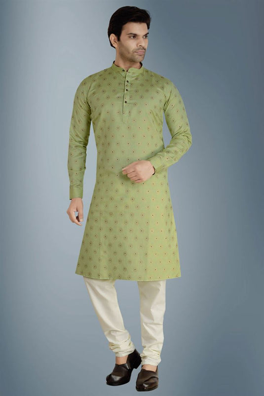 Function Wear Linen Fabric Ethnic Style Kurta Pyjama In Green Color