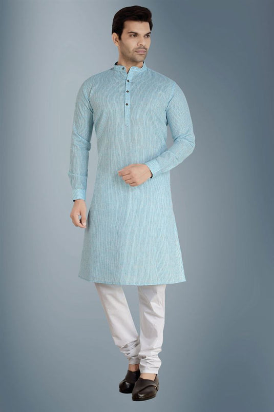 Cotton Fabric Sky Blue Color Function Wear Ethnic Style Kurta Pyjama