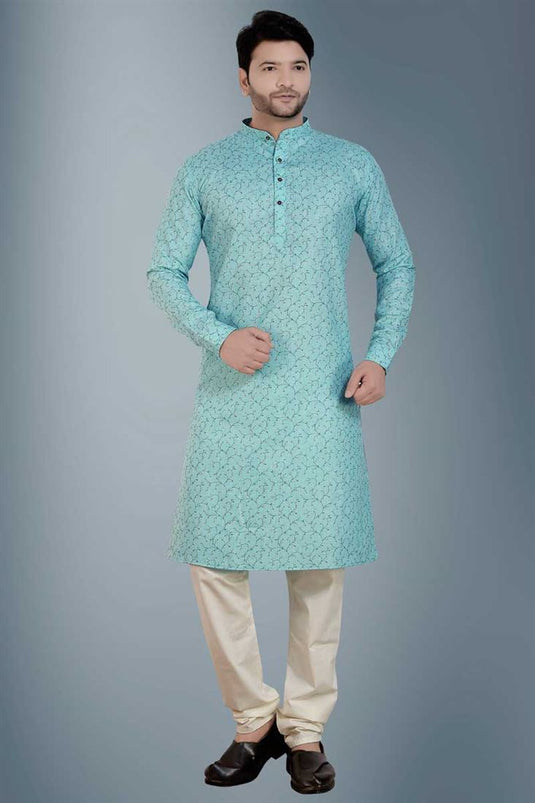 Fetching Linen Fabric Kurta Pyjama For Men In Cyan Color