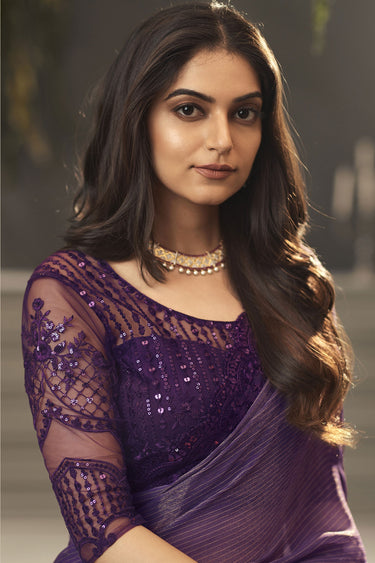 Chiffon Fabric Pleasant Purple Color Lace Border Work Saree With Embroidered Blouse