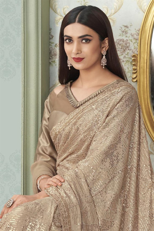 Beige Color Georgette Fabric Appealing Sequins Saree