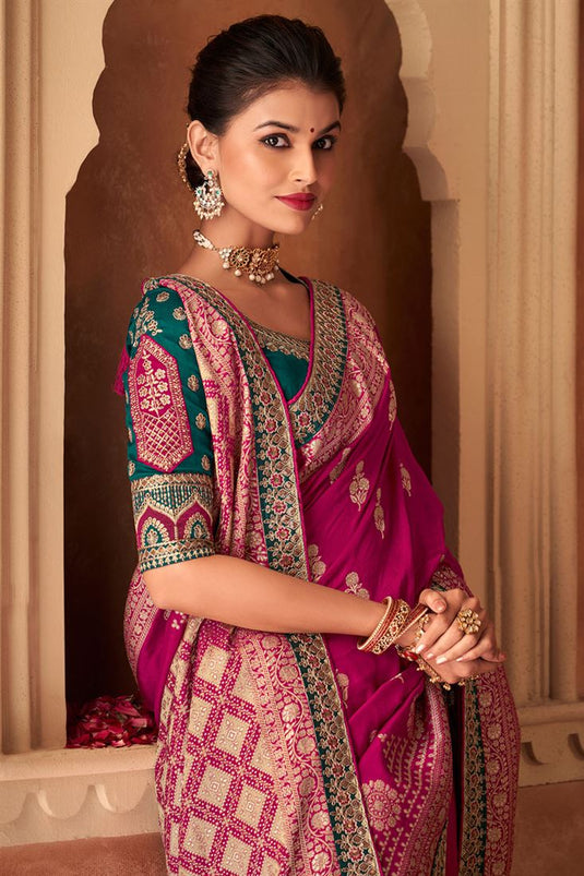Sarara Rani Color Weaving Work Rani Color Saree In Dola Silk Fabric