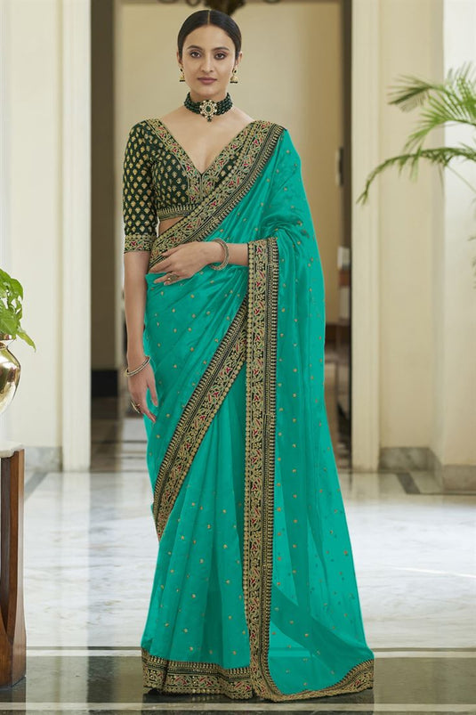 Silk Traditional Saree in Cyan Color with Thread work