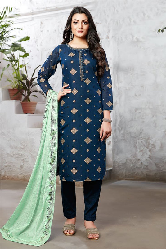 Glittering Teal Color Art Silk Function Wear Salwar Suit