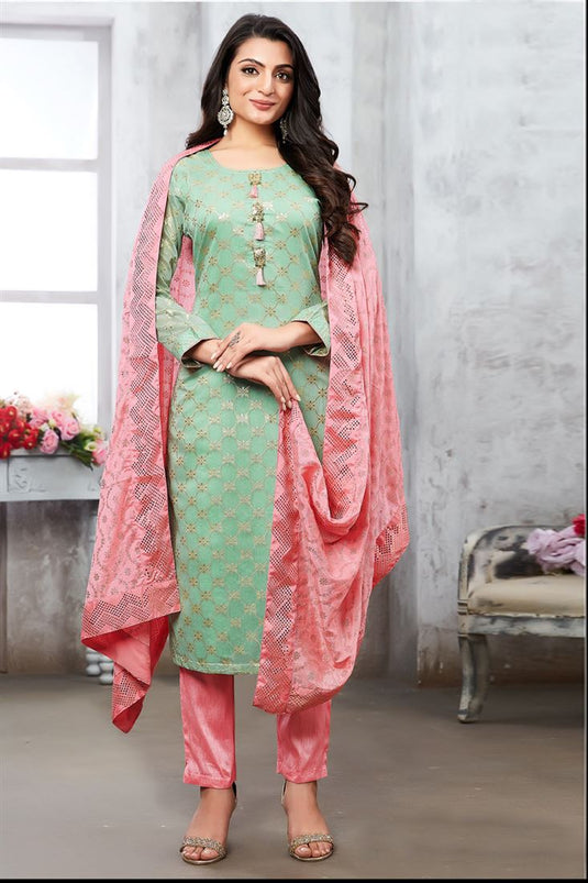 Classic Art Silk Function Wear Salwar Suit in Sea Green Color