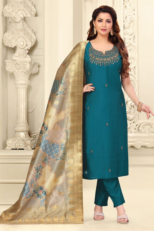 Alluring Chanderi Fabric Festive Look Salwar Suit in Teal Color