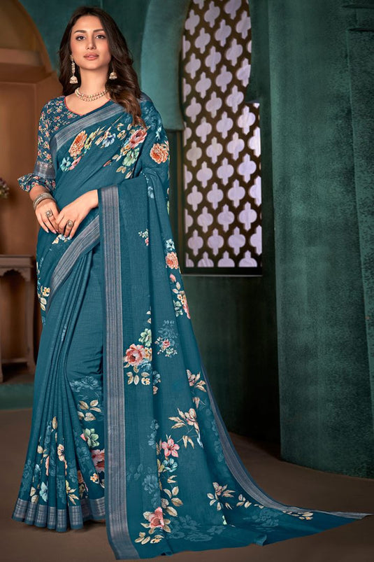 Blue Color Cotton Linen Fabric Casual Wear Appealing Digital Printed Saree