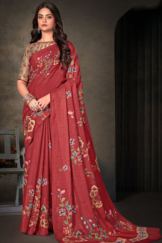 Trendy Daily Wear Red Color Cotton Linen Fabric Digital Printed Work Saree