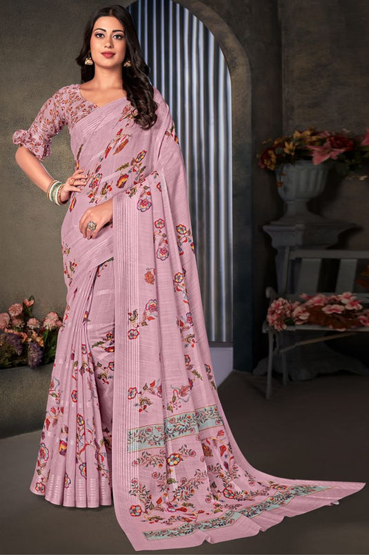 Peach Color Daily Wear Cotton Linen Fabric Digital Printed Work Mesmeric Saree