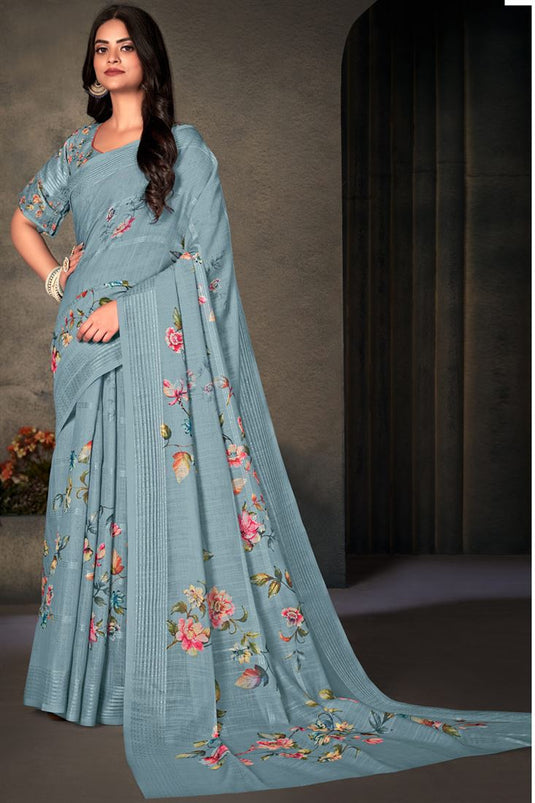 Daily Wear Grey Color Intricate Digital Printed Work Saree In Cotton Linen Fabric