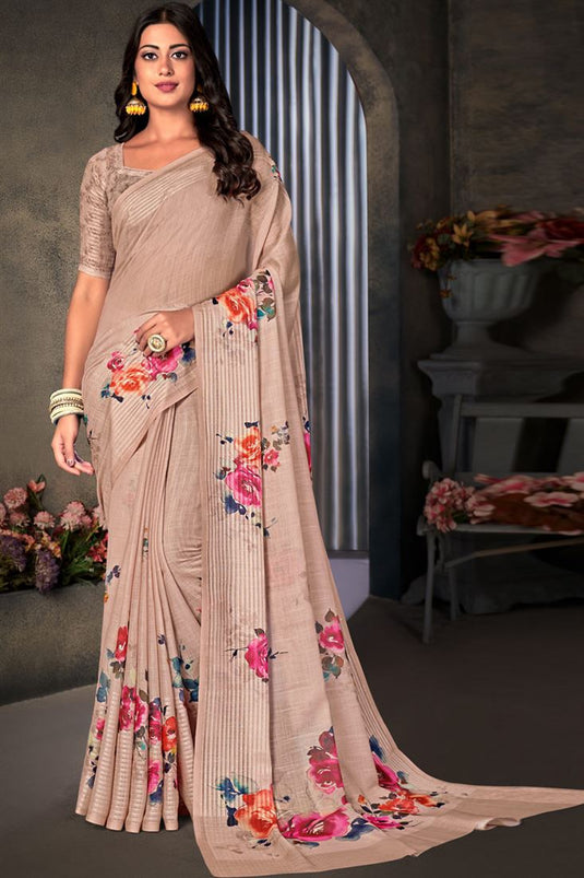 Casual Wear Peach Color Cotton Linen Fabric Regal Digital Printed Work Saree