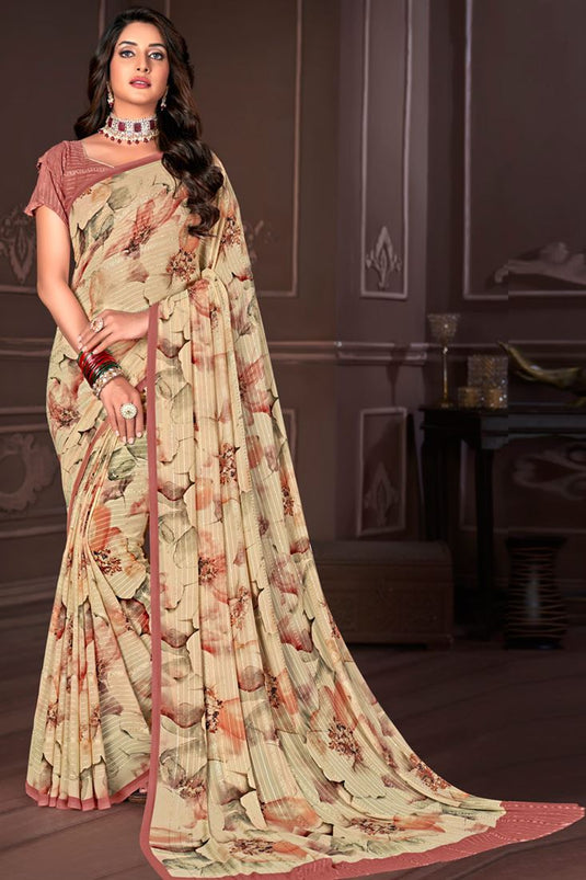 Casual Wear Beige Color Brilliant Digital Printed Saree In Georgette Fabric