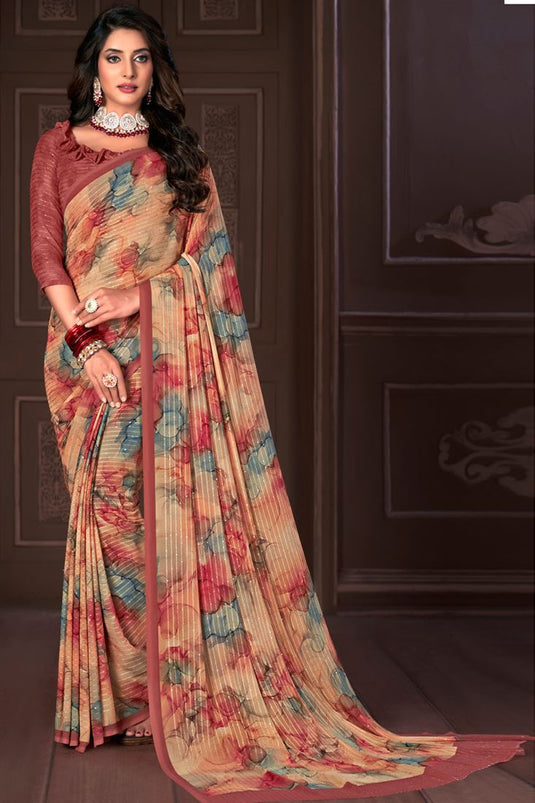 Beautiful Digital Printed Work Casual Wear Cream Color Saree With Georgette Fabric