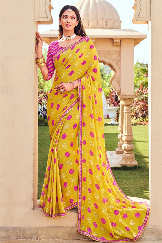 Febulous Bandhani Style Yellow Color Chiffon Fabric Saree