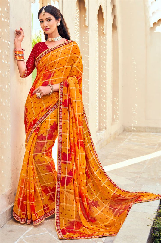 Mustard Color Bandhani Style Wonderful Chiffon Saree