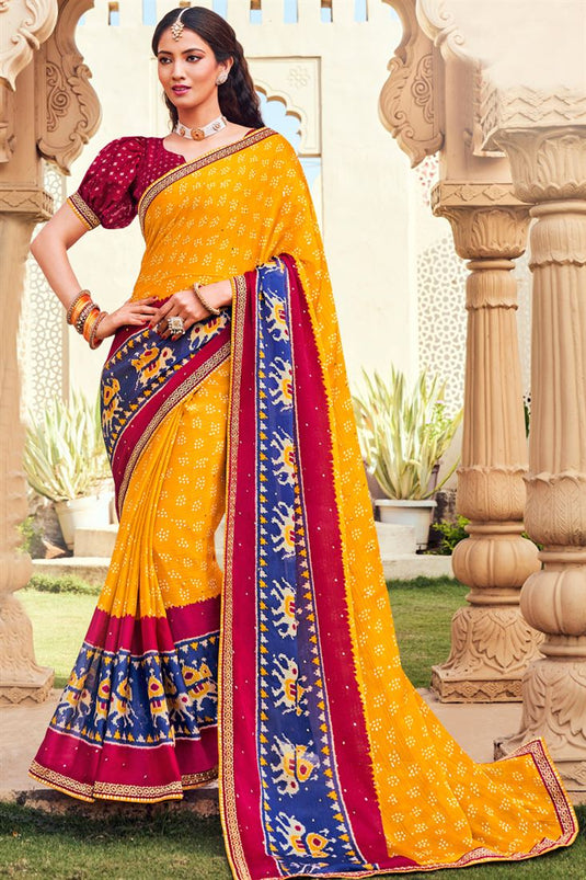 Beauteous Bandhani Style Yellow Color Chiffon Saree