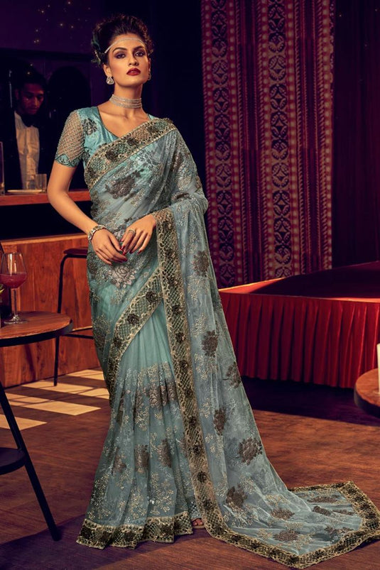 Party Style Lycra Fabric Light Cyan Color Supreme Saree