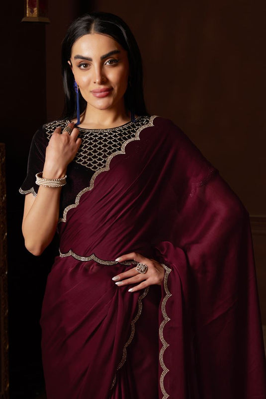 Glorious Fancy Work Maroon Color Chiffon Fabric Saree