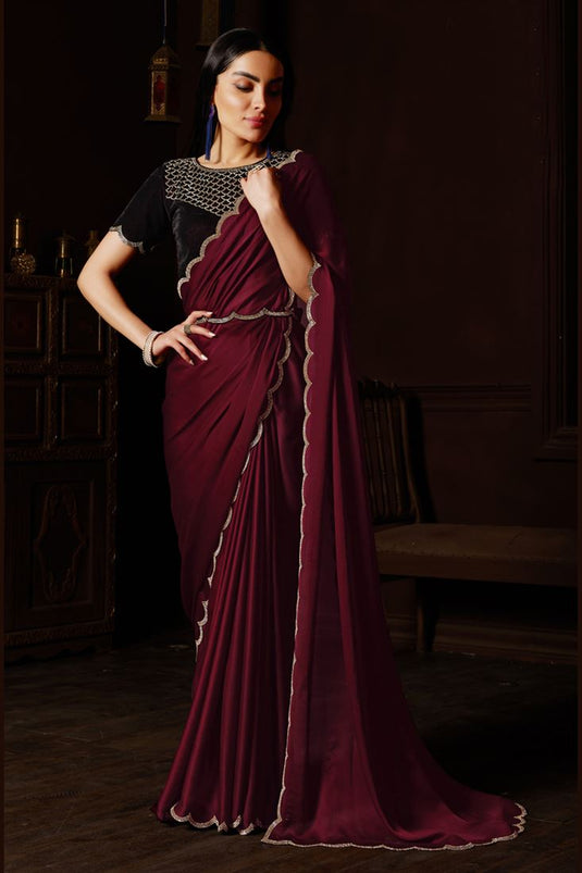 Glorious Fancy Work Maroon Color Chiffon Fabric Saree