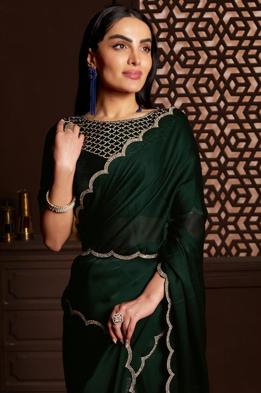 Gorgeous Fancy Work Chiffon Fabric Dark Green Color Saree