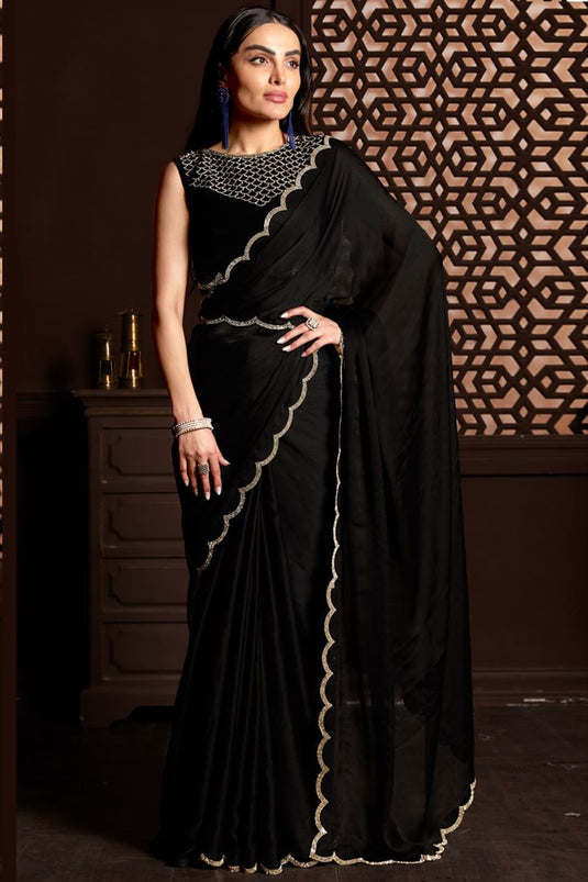 Chiffon Fabric Black Color Saree With Soothing Fancy Work