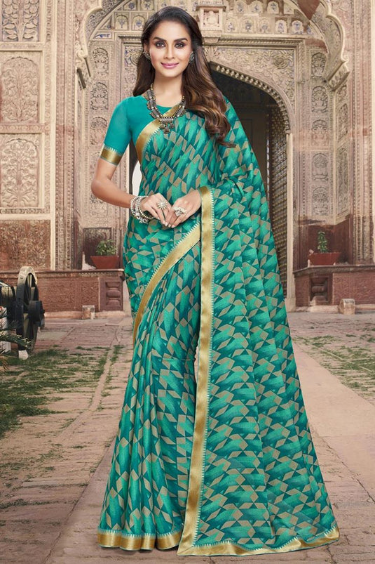Beguiling Georgette Floral Printed Saree in Green Color