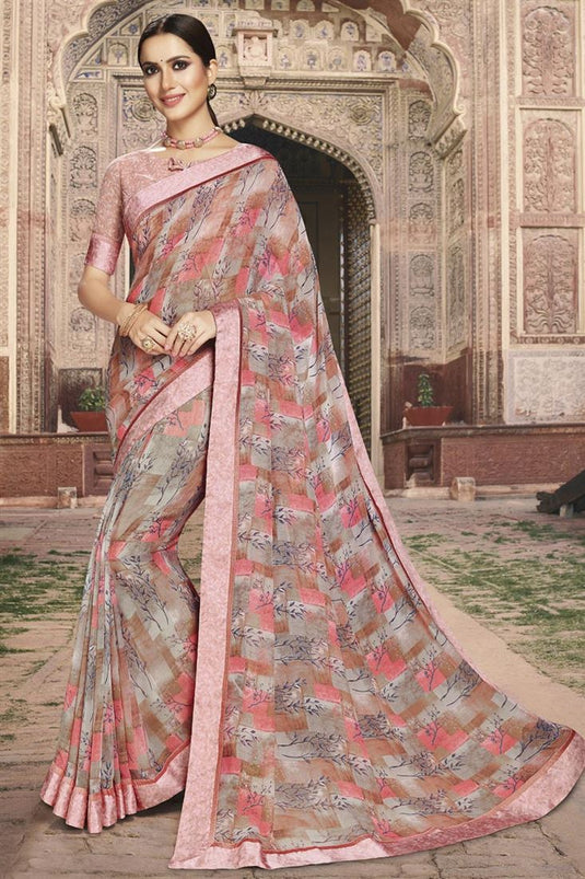 Peach Color Winsome Georgette Floral Printed Saree