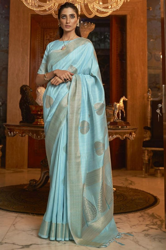 Cyan Color Festival Wear Weaving Work Art Silk Fabric Incredible Saree