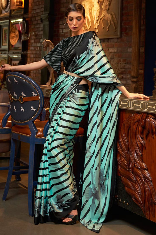 Fascinating Digital Printed Work On Sea Green Color Party Wear Saree In Crepe Fabric