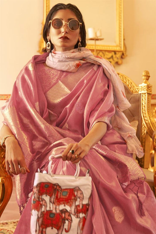 Organza Fabric Pink Color Beguiling Weaving Work Saree