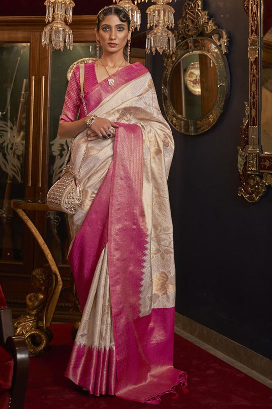 Beige Color Sangeet Wear Art Silk Fabric Saree With Tempting Weaving Work