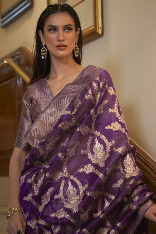 Purple Color Organza Fabric Function Wear Alluring Saree