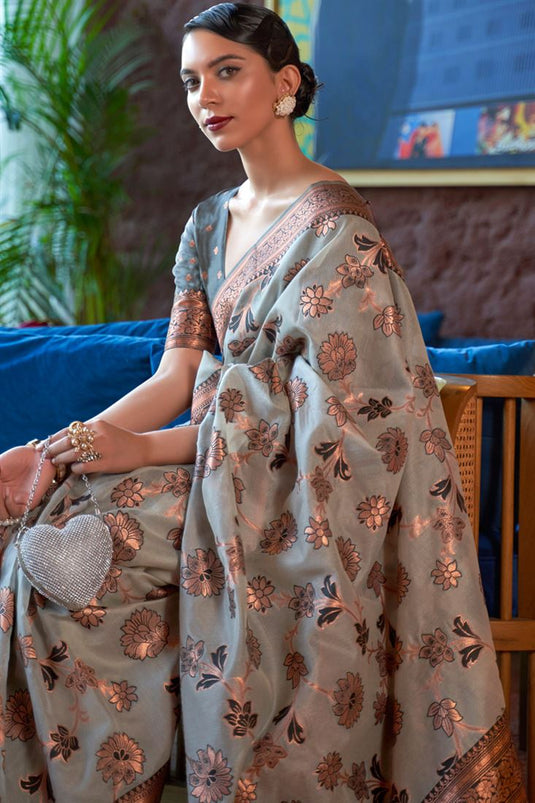 Pistachio Grey Organza Shimmer Silk Saree