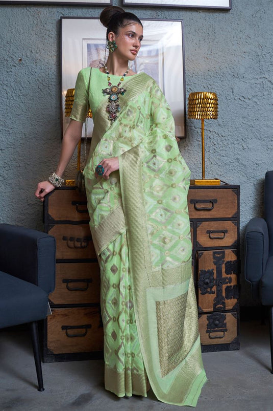 Linen Handwork Woven Green Classic Saree