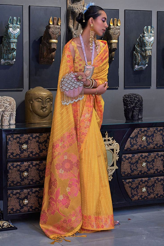 Function Look Yellow Color Pleasant Sequins Work Organza Saree