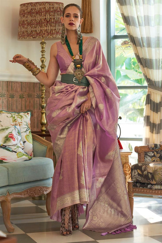 Kalki Koechlin Lavender Color Satin And Tissue Designer Saree