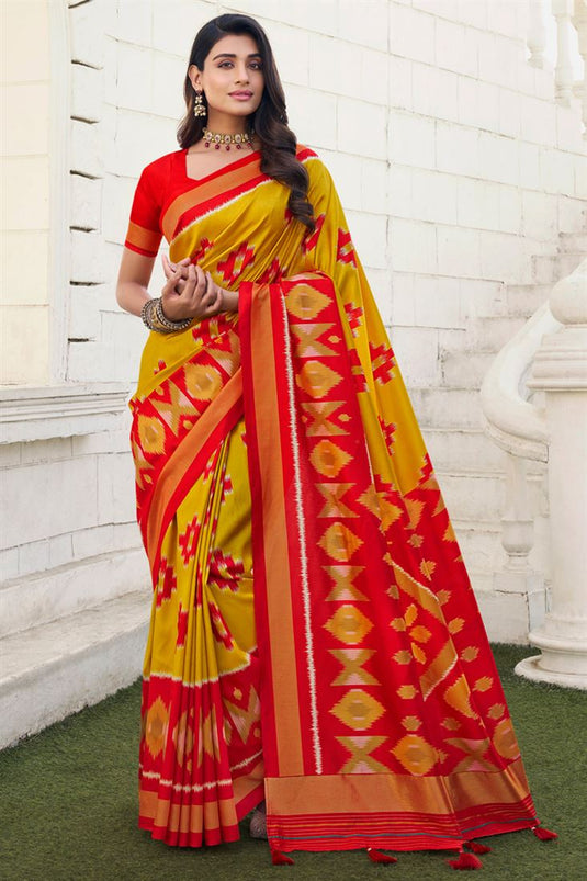 Dazzling Digital Printed Yellow Color Patola Art Silk Saree