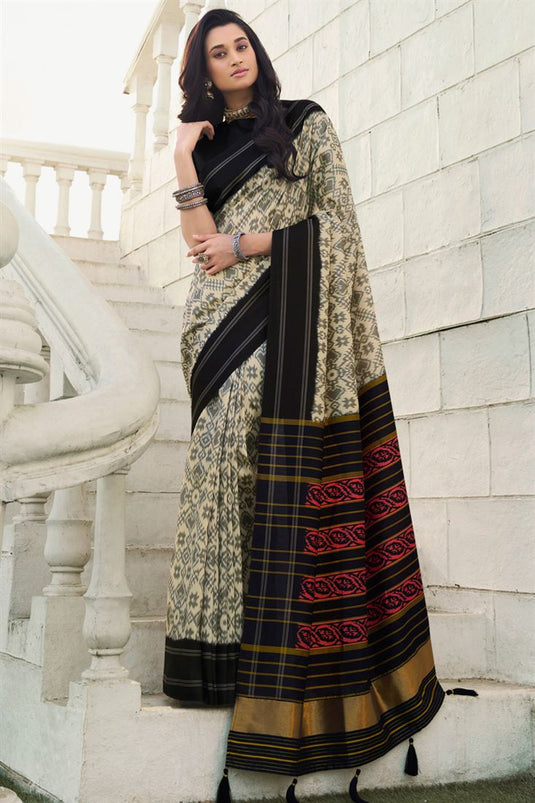 Radiant Digital Printed Cream Color Patola Art Silk Saree