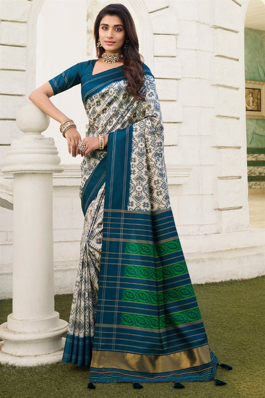 Excellent Digital Printed Cream Color Patola Art Silk Saree