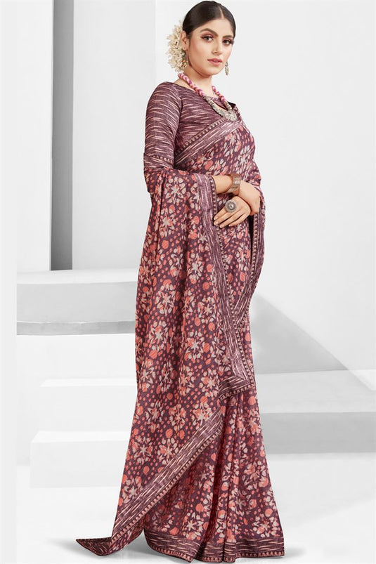 Burgundy Color Riveting Georgette Printed Saree