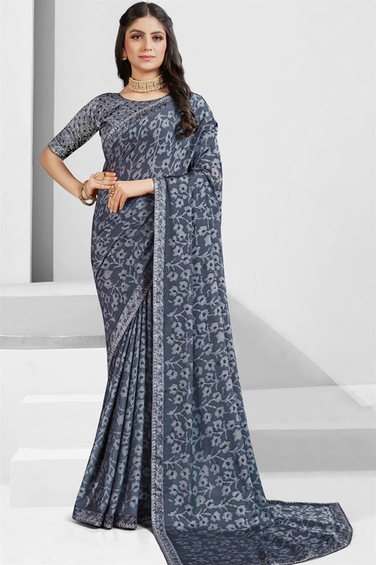 Beguiling Grey Color Georgette Printed Saree