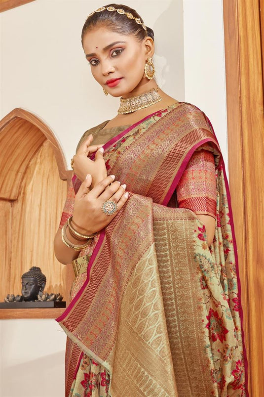 Engaging Cream Color Digital Printed Art Silk Saree