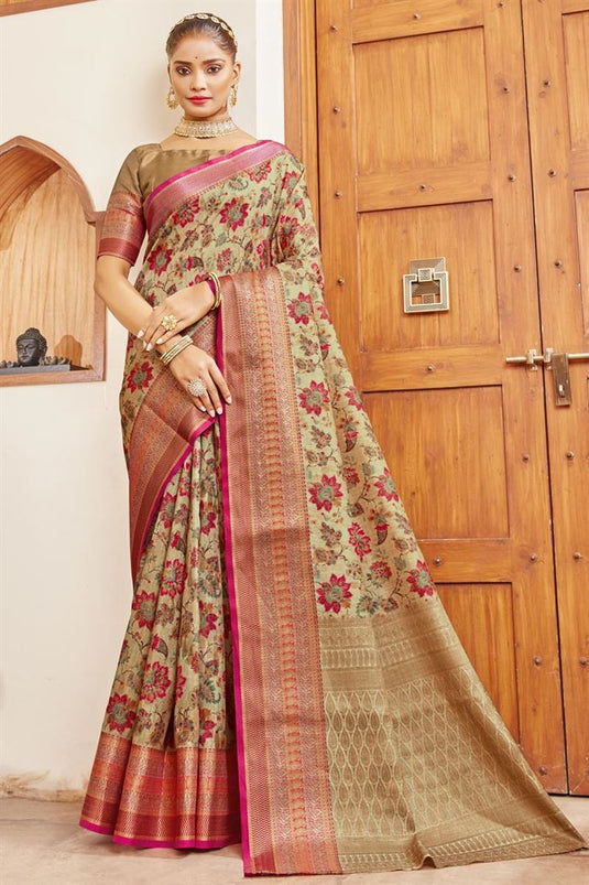 Engaging Cream Color Digital Printed Art Silk Saree