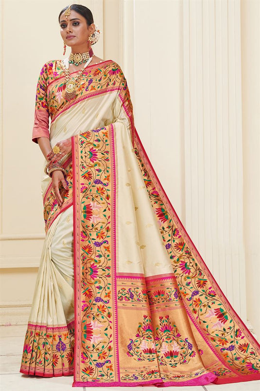 Beige Color Pure Paithani Silk Fabric Designer Weaving Work Function Wear Saree