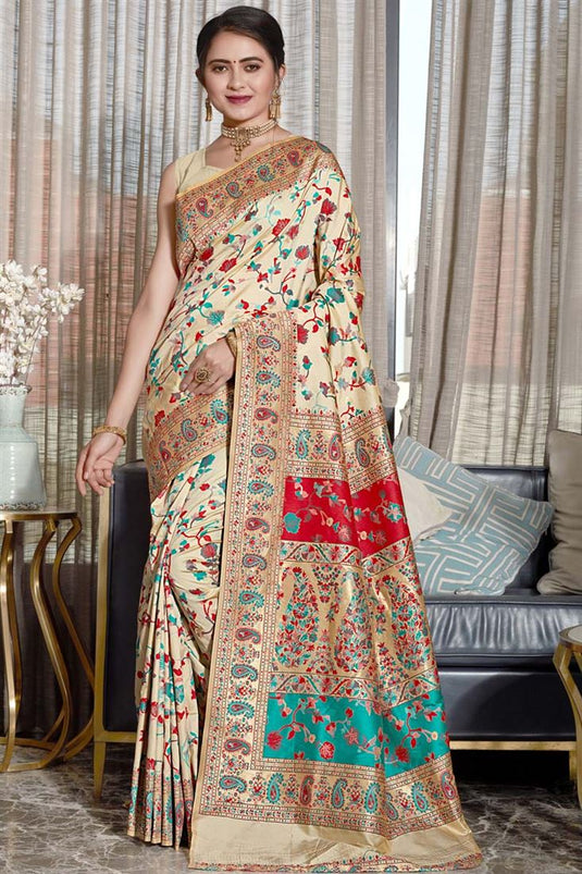 Dazzling Weaving Work Pallu On Off White Color Festival Wear Banarasi Style Saree In Art Silk Fabric