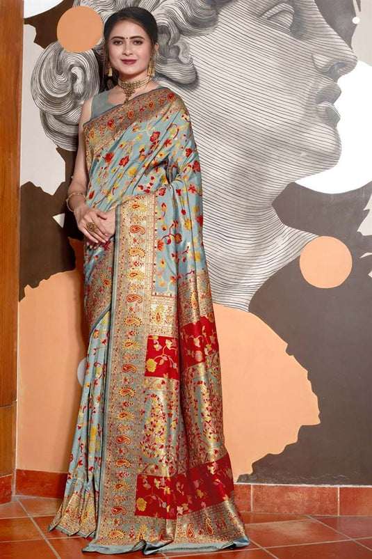 Tempting Art Silk Fabric Grey Color Festival Wear Banarasi Style Saree With Weaving Work Pallu