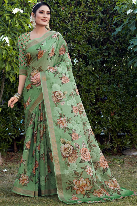 Dazzling Green Color Festive Look Saree In Cotton Silk Fabric